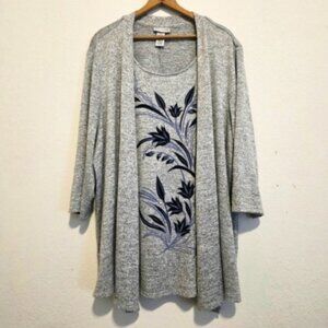 Catherines Layered Look Top Gray & Blue Floral Pullover Women's 1X=18/20W